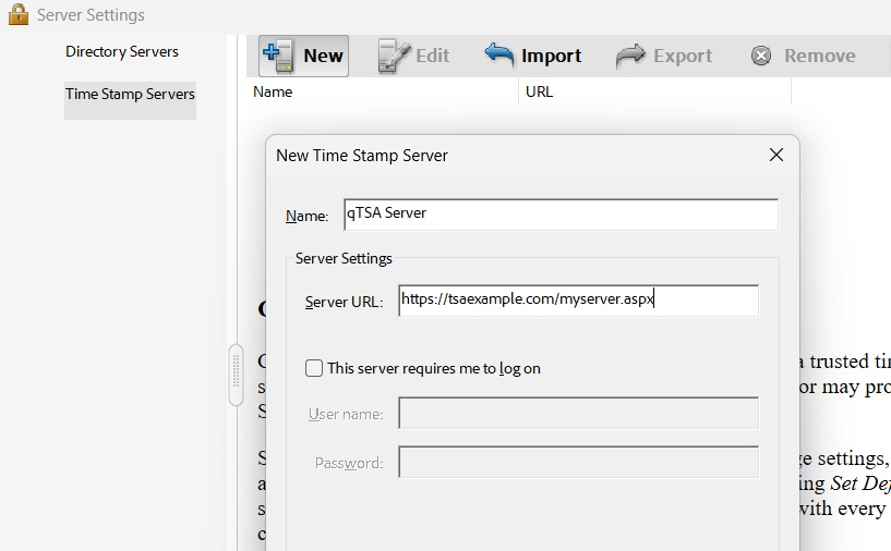 Adobe Acrobat Reader Timestamp Server Properties
